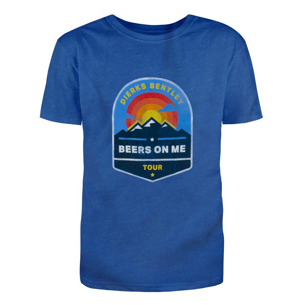 tee-sky blue-front "dierks bentley beers on me tour" with sunrise and mountain-back beers on me tour cities