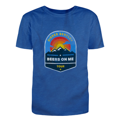 tee-sky blue-front "dierks bentley beers on me tour" with sunrise and mountain-back beers on me tour cities